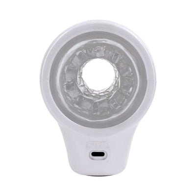 Top view of the white and clear Spin Doctor with textured inner channel and USB charging port.
