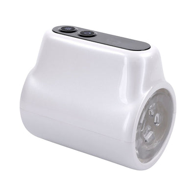 Compact white personal massager with clear textured inner sleeve and dual control buttons on top.