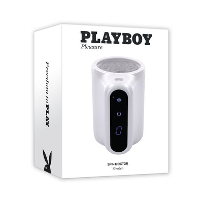 Playboy Spin Doctor stroker in white with black control panel, displayed on product packaging box.