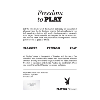 Product information sheet for Playboy Spin Doctor with details on features, dimensions, and brand philosophy.
