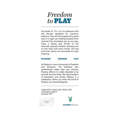 Product information card for Playboy The Urge Large Stroker highlighting features, dimensions, and brand values.