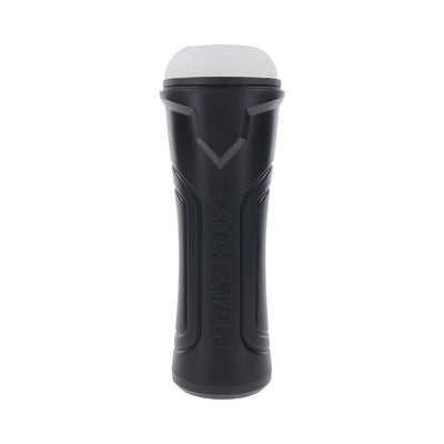Playboy The Urge Large Stroker in black with textured grip and white removable inner sleeve on top.