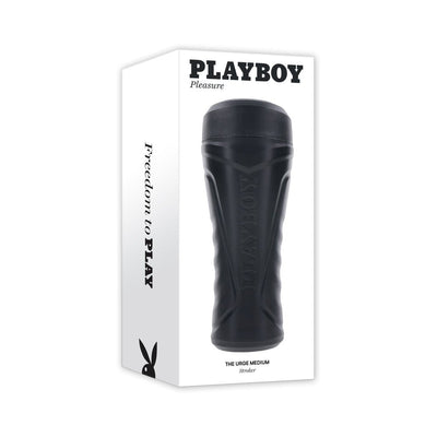 Black Playboy branded medium-sized stroker in textured canister packaging with white box and logo.