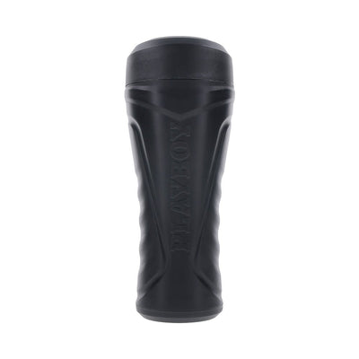 Black textured canister stroker with PLAYBOY logo embossed on the side, designed for comfortable grip and easy cleaning.