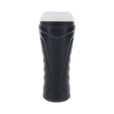 Black textured canister stroker with white soft entry sleeve, branded with PlayBoy logo.