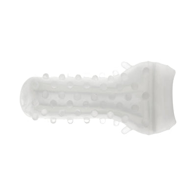 Clear textured inner sleeve insert with raised nodules for enhanced sensation in a stroker accessory.