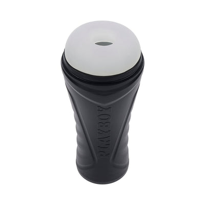 Black textured canister stroker with white soft entry sleeve and PLAYBOY logo on the side.