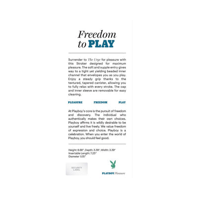 Product information card for Pb The Urge Medium Black stroker with details on features, dimensions, and Playboy branding.