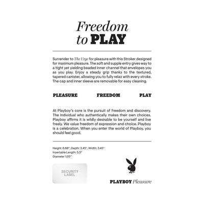 Product information sheet for Pb The Urge Small Black stroker with product features, dimensions, and Playboy branding.