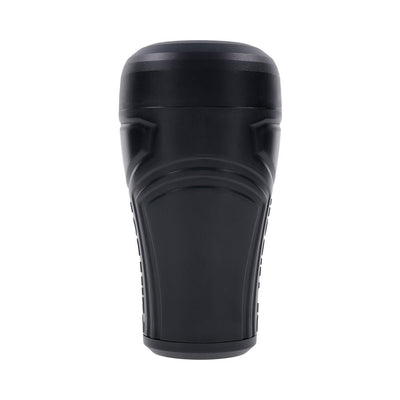Compact black textured canister stroker with ergonomic grip and removable cap for easy cleaning.