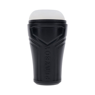 Compact black textured canister stroker with a soft white removable sleeve and PLAYBOY branding.