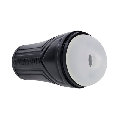 Black PlayBoy branded canister stroker with a soft white removable sleeve, designed for discreet and comfortable use.