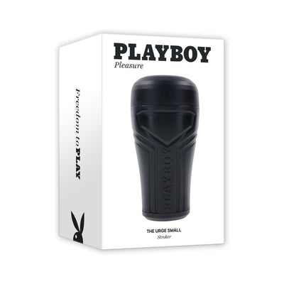 Black Playboy branded stroker with textured grip shown on white packaging box with logo and product name.