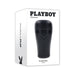 Black Playboy branded stroker with textured grip shown on white packaging box with logo and product name.