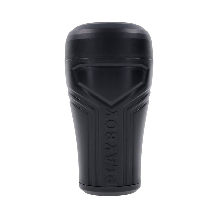 Black textured canister stroker with PLAYBOY branding and removable cap for easy cleaning.