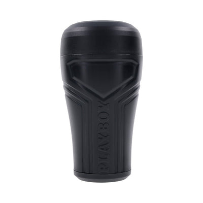 Black textured canister stroker with PLAYBOY branding and removable cap for easy cleaning.
