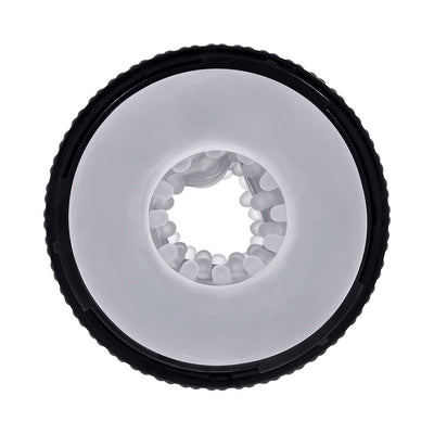 Top view of the Playboy Tight End Stroker showing the textured inner channel and black outer casing.