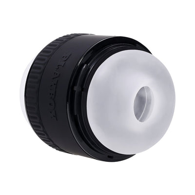 Playboy Tight End Stroker with black adjustable outer casing and soft translucent inner sleeve on white background.