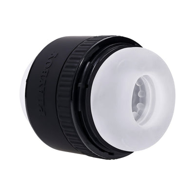 Playboy Tight End Stroker with black outer casing and soft white silicone entry sleeve, compact and ergonomic design.