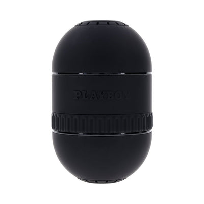 Black oval-shaped Playboy Tight End Stroker with textured middle grip and embossed logo on a white background.