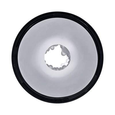 Top-down view of the Playboy Tight End Stroker showing the soft, textured inner channel and black outer casing.