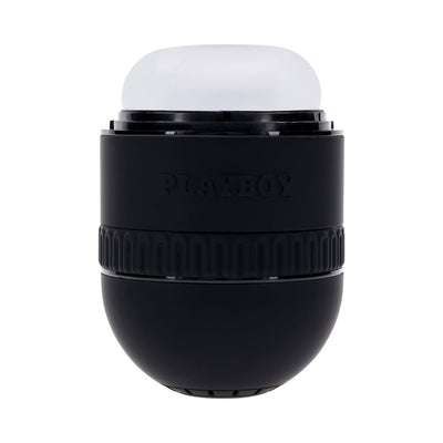 Black and white compact Playboy Tight End Stroker with textured grip and removable caps for cleaning.