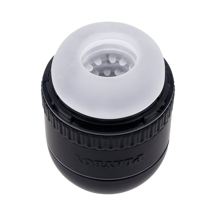 Playboy Tight End Stroker with black outer casing and soft white textured inner sleeve, compact and portable design.