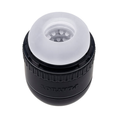 Playboy Tight End Stroker with black outer casing and soft white textured inner sleeve, compact and portable design.
