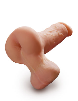 Realistic male stroker with textured anal opening and lifelike veined shaft in flesh tone material.