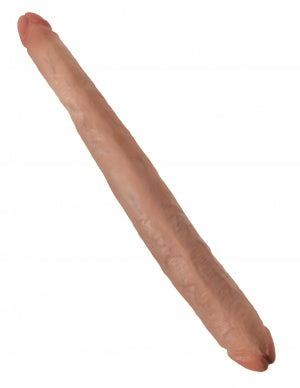 Beige 16-inch tapered double-ended dildo with realistic texture and detailed veining.