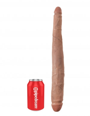 Beige 16-inch tapered double-ended dildo next to a red Pipedream soda can for size comparison.