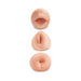 Set of three realistic pocket masturbators in flesh tone featuring mouth, vaginal, and anal openings.