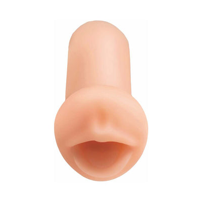 Soft flesh-toned pleasure sleeve with realistic lips design for discreet intimate use.