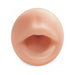 Close-up of a flesh-toned, lifelike pleasure sleeve with a soft, open mouth design.