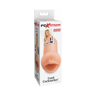 Packaging of PDX Coed Cocksucker pleasure sleeve featuring lifelike skin texture and a photo of a blonde model.