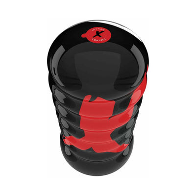 Top view of a black PDX Elite Air Tight Anal Stroker with red suction control label and textured exterior design.