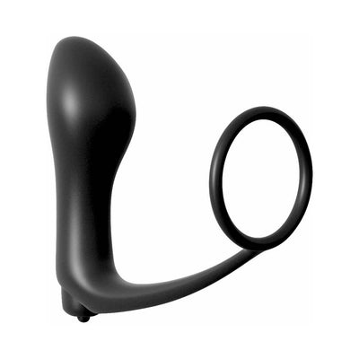 Black silicone prostate stimulator with attached cock ring and vibrating bullet at the base.