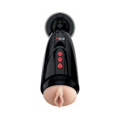 PDX ELITE Dirty Talk Starter Stroker in black with realistic textured sleeve and red control buttons on the exterior case.