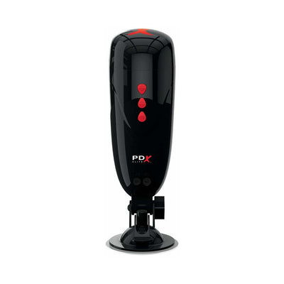 Black PDX ELITE Dirty Talk Starter Stroker with red buttons and adjustable suction cup base for hands-free use.