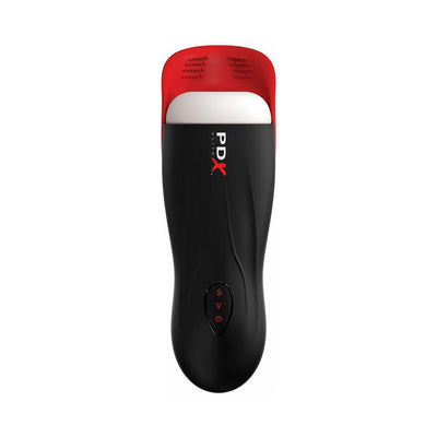PDX Elite Fap-o-matic Pro black and red automatic stroker with control buttons and textured silicone interior.