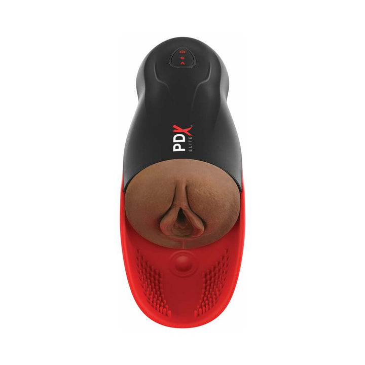Top view of PDX Elite Fuck-o-matic masturbation device in black and red with realistic textured sleeve and control buttons.