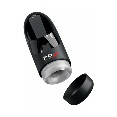PDX Elite Hydrogasm male pleasure device in frosted black with removable cap and soft textured sleeve.