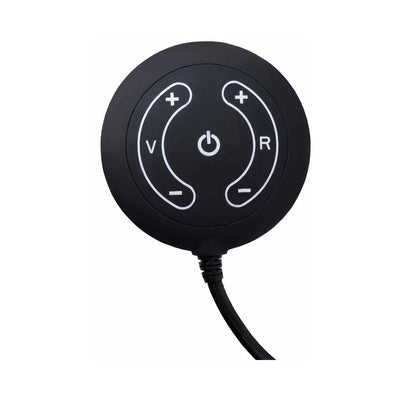 Black circular remote control with power button and plus/minus controls for vibration and rotation settings