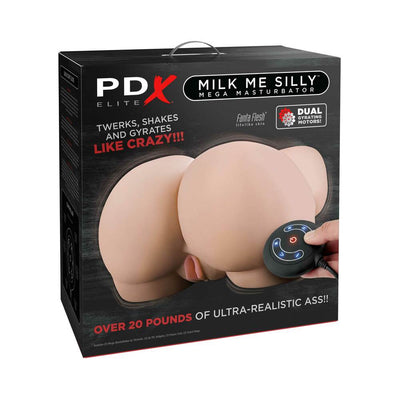 PDX Elite Milk Me Silly Mega Masturbator packaging showing ivory realistic textured dual-motor bubble butt with remote control.