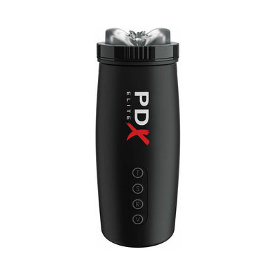 Black PDX Elite Moto Bator 2 with control buttons and textured soft sleeve opening on top for customizable stimulation.