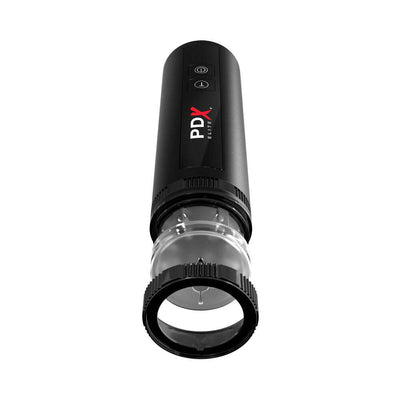 PDX Elite Moto Bator X in black with clear textured sleeve and control buttons on the handle for adjustable thrusting modes.