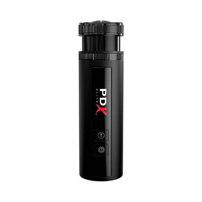 PDX Elite Moto Bator X black cylindrical automatic stroker with control buttons and textured top ring