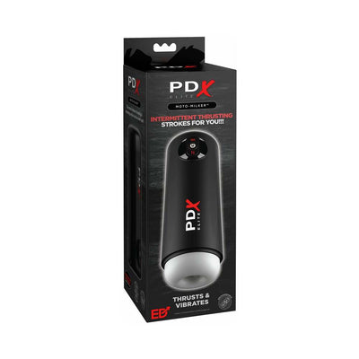 PDX Elite Moto Milker in black packaging highlighting intermittent thrusting and vibrating features with USB rechargeable icon.