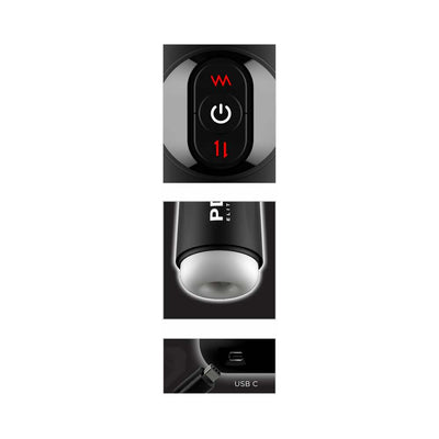 Close-up views of PDX Elite Moto Milker showing control buttons, soft sleeve opening, and USB-C charging port.