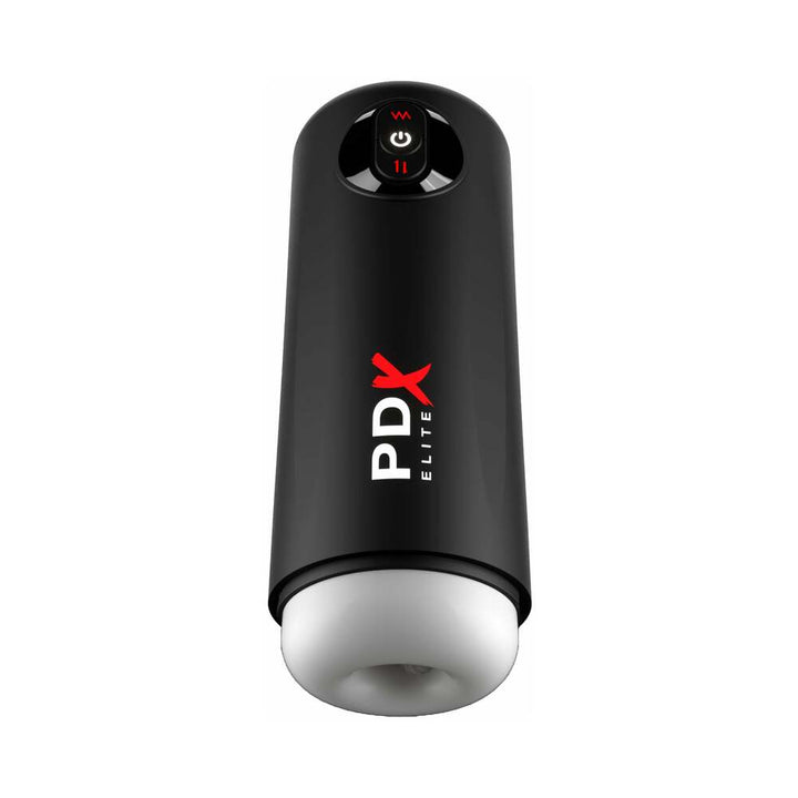 PDX Elite Moto Milker black automatic stroker with control buttons and soft white inner sleeve.
